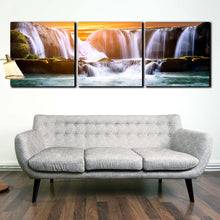 Load image into Gallery viewer, sunrise  waterfall  nature  beach  clean  water  ocean  triptych  canvas  prints In Living Room
