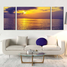 Load image into Gallery viewer, sunset ocean canvas print blue clouds ocean triptych multi canvas artwork yellow sky calm sea 3 piece canvas wall art In Living Room
