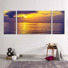 Load image into Gallery viewer, sunset ocean canvas print blue clouds ocean triptych multi canvas artwork yellow sky calm sea 3 piece canvas wall art
