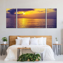 Load image into Gallery viewer, sunset ocean canvas print blue clouds ocean triptych multi canvas artwork yellow sky calm sea 3 piece canvas wall art For Bedroom
