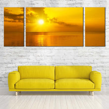 Load image into Gallery viewer, sunset reflection canvas print orange seascape sunset clouds lake 3 piece canvas print yellow ocean sky multiple canvas In Living Room
