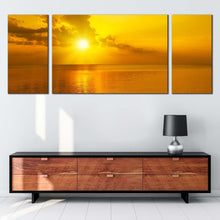 Load image into Gallery viewer, sunset reflection canvas print orange seascape sunset clouds lake 3 piece canvas print yellow ocean sky multiple canvas
