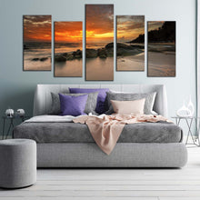 Load image into Gallery viewer, sunset sea canvas wall art yellow ocean rocks beach 5 piece canvas set orange cloudy sky canvas print For Bedroom
