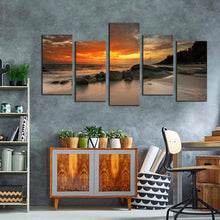 Load image into Gallery viewer, sunset sea canvas wall art yellow ocean rocks beach 5 piece canvas set orange cloudy sky canvas print
