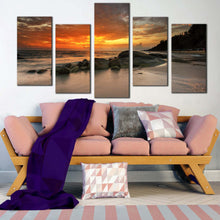 Load image into Gallery viewer, sunset sea canvas wall art yellow ocean rocks beach 5 piece canvas set orange cloudy sky canvas print For Living Room
