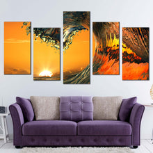 Load image into Gallery viewer, sunset wave canvas print yellow sunrise ocean wave multiple canvas orange ocean wave curl 5 piece canvas wall art In Living Room
