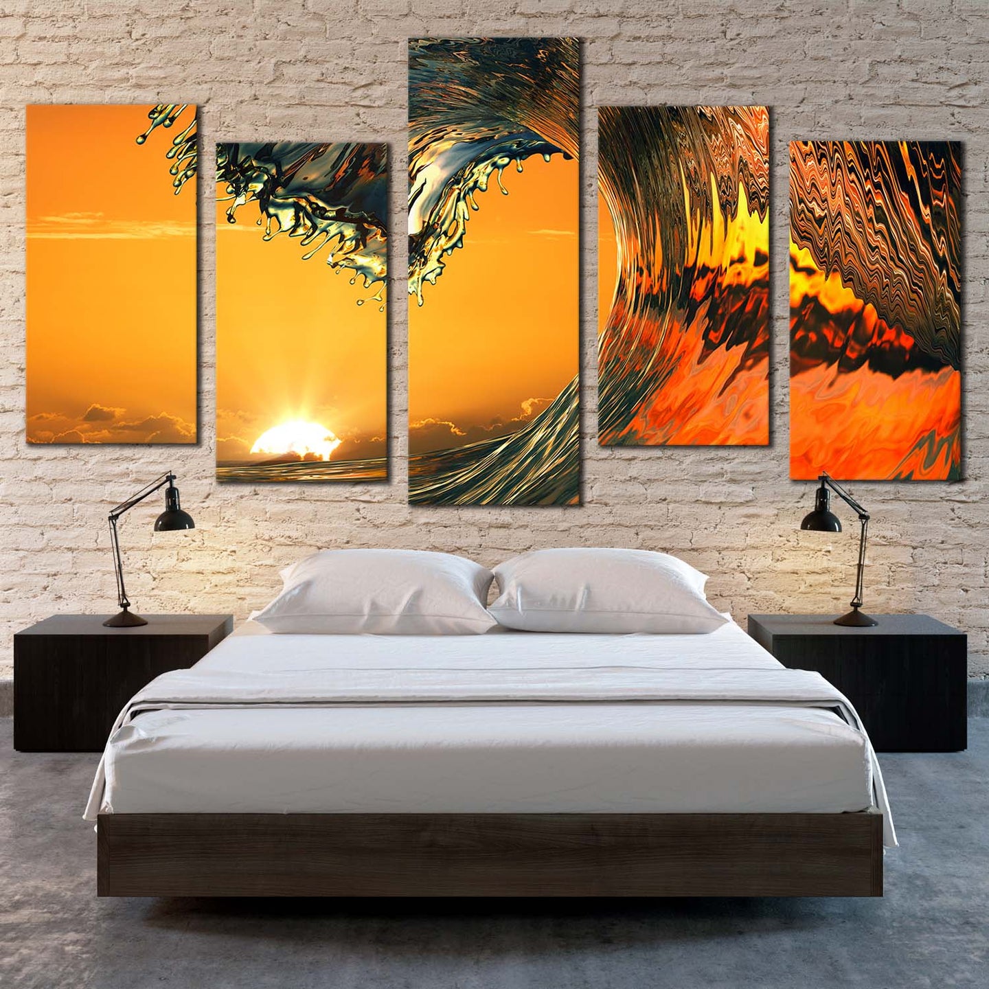 sunset wave canvas print yellow sunrise ocean wave multiple canvas orange ocean wave curl 5 piece canvas wall art For Bedroom