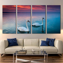 Load image into Gallery viewer, swan in lake balaton sunset 4 piece canvas print multi panel In Living Room
