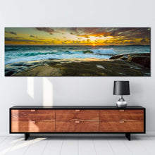 Load image into Gallery viewer, sweden  ocean  canvas  print  dramatic  yellow  sky  sea  panoramic  canvas  wall  art  brown  ocean  landscape  wide  canvas In Living Room
