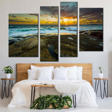 Load image into Gallery viewer, sweden sea canvas wall art brown ocean landscape canvas print cloudy yellow sky ocean 4 piece canvas set 
