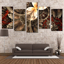 Load image into Gallery viewer, symmetrical abstract canvas print brown abstract fractal flower 5 piece canvas wall art red abstract artistic fractal multi canvas artwork For Living room
