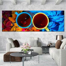 Load image into Gallery viewer, tea  cups  canvas  print  blue  yellow  tea  cups  close  up  panoramic  canvas  wall  art  tea  from  above  canvas  artwork For Living Room
