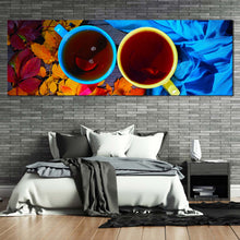 Load image into Gallery viewer, tea  cups  canvas  print  blue  yellow  tea  cups  close  up  panoramic  canvas  wall  art  tea  from  above  canvas  artwork For Bedroom
