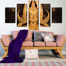 Load image into Gallery viewer, temple statue canvas wall art lord buddha 5 piece canvas gold buddha canvas print In Living Room
