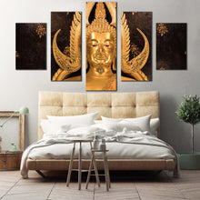 Load image into Gallery viewer, temple statue canvas wall art lord buddha 5 piece canvas gold buddha canvas print For Bedroom
