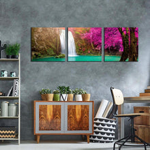 Load image into Gallery viewer, thailand  autumn  canvas  wall  art  green  river  waterfall  scenery  canvas  print  thailand  purple  trees  forest  waterfall  3  piece  canvas
