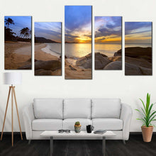 Load image into Gallery viewer, thailand beach canvas print brown lamai beach sunset canvas set blue cloudy sky ocean 5 piece canvas wall art For Living room
