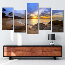 Load image into Gallery viewer, thailand beach canvas print brown lamai beach sunset canvas set blue cloudy sky ocean 5 piece canvas wall art In Your Living room
