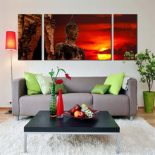 Load image into Gallery viewer, thailand buddha canvas wall art big oldest brown buddha statue 3 piece canvas print cloudy red sky sunset buddha canvas set In Living Room
