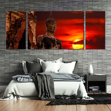 Load image into Gallery viewer, thailand buddha canvas wall art big oldest brown buddha statue 3 piece canvas print cloudy red sky sunset buddha canvas set In Bedroom
