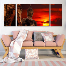 Load image into Gallery viewer, thailand buddha canvas wall art big oldest brown buddha statue 3 piece canvas print cloudy red sky sunset buddha canvas set For Living Room
