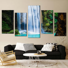 Load image into Gallery viewer, thailand forest canvas wall art jungle purple autumn trees waterfall 5 piece canvas set green river waterfall canvas print In Living Room
