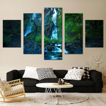 Load image into Gallery viewer, thailand forest canvas print thailand green jungle waterfall 5 piece canvas wall art khlong lan national park canvas print beautiful blue waterfall canvas set In Living room
