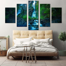 Load image into Gallery viewer, thailand forest canvas print thailand green jungle waterfall 5 piece canvas wall art khlong lan national park canvas print beautiful blue waterfall canvas set For Bedroom
