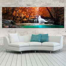 Load image into Gallery viewer, thailand  forest  canvas  print  white  mae  kamin  waterfall  1  piece  canvas  wall  art  exotic  waterfall  in  orange  forest  canvas  artwork  blue  water  scenery  wide  canvas In Living Room
