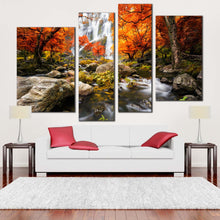 Load image into Gallery viewer, thailand forest canvas wall art amazing white waterfall in forest 4 piece canvas set waterfall rock forest orange trees canvas print 
