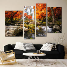 Load image into Gallery viewer, thailand forest canvas wall art amazing white waterfall in forest 4 piece canvas set waterfall rock forest orange trees canvas print 
