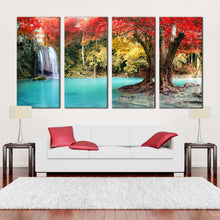 Load image into Gallery viewer, thailand forest canvas wall art beautiful erawan falls nature 4 piece multi canvas artwork colorful erawan national park scenery canvas print For Living room
