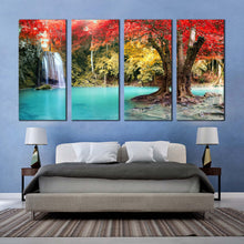 Load image into Gallery viewer, thailand forest canvas wall art beautiful erawan falls nature 4 piece multi canvas artwork colorful erawan national park scenery canvas print For Bedroom
