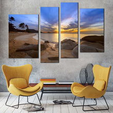 Load image into Gallery viewer, thailand ocean canvas wall art koh samui island yellow sunset 4 piece canvas print brown lamai beach ocean multiple canvas in living room
