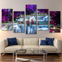 Load image into Gallery viewer, thailand scenery canvas wall art amazing blue waterfall 5 piece canvas huay mae khamin waterfall canvas set purple autumn forest canvas print In Living Room
