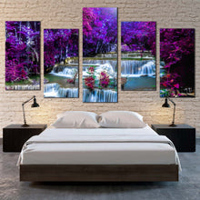 Load image into Gallery viewer, thailand scenery canvas wall art amazing blue waterfall 5 piece canvas huay mae khamin waterfall canvas set purple autumn forest canvas print For Your Bedroom
