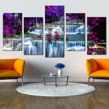 Load image into Gallery viewer, thailand scenery canvas wall art amazing blue waterfall 5 piece canvas huay mae khamin waterfall canvas set purple autumn forest canvas print For Living room
