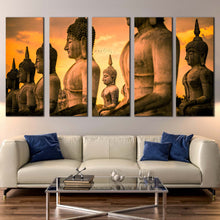 Load image into Gallery viewer, thailand statue canvas wall art nakhon si thammarat buddha 5 piece canvas yellow sky brown buddha multiple canvas In Living Room
