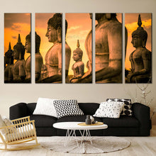 Load image into Gallery viewer, thailand statue canvas wall art nakhon si thammarat buddha 5 piece canvas yellow sky brown buddha multiple canvas For Living Room
