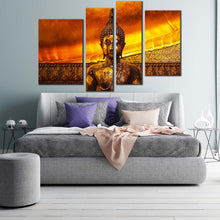 Load image into Gallery viewer, thailand temple canvas wall art wat pho buddhist temple canvas set brown gold buddha statue 4 piece canvas print in bedroom
