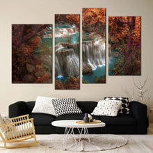 Load image into Gallery viewer, thailand waterfall canvas print beautiful colorful waterfall scenery 4 piece canvas wall art huay mae khamin waterfall multi canvas artwork in living room
