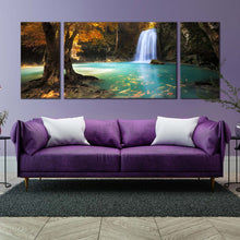 Load image into Gallery viewer, thailand waterfall canvas print blue waterfall paradise canvas set orange trees forest multi canvas kanchanaburi waterfall 3 piece canvas wall art In Living Room
