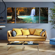 Load image into Gallery viewer, thailand waterfall canvas print blue waterfall paradise canvas set orange trees forest multi canvas kanchanaburi waterfall 3 piece canvas wall art For Living Room
