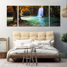 Load image into Gallery viewer, thailand waterfall canvas print blue waterfall paradise canvas set orange trees forest multi canvas kanchanaburi waterfall 3 piece canvas wall art For Bedroom
