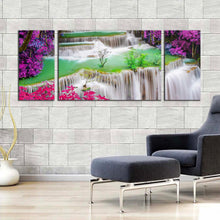 Load image into Gallery viewer, thailand waterfall canvas print colorful waterfall scenery 3 piece canvas wall art deep rainforest waterfall multi canvas artwork In Living Room
