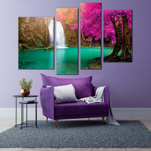 Load image into Gallery viewer, thailand waterfall canvas print green river forest waterfall 4 piece canvas wall art jungle purple autumn trees waterfall multiple canvas for living room
