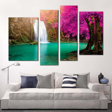 Load image into Gallery viewer, thailand waterfall canvas print green river forest waterfall 4 piece canvas wall art jungle purple autumn trees waterfall multiple canvas for your living room
