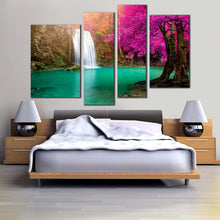 Load image into Gallery viewer, thailand waterfall canvas print green river forest waterfall 4 piece canvas wall art jungle purple autumn trees waterfall multiple canvas in bedroom
