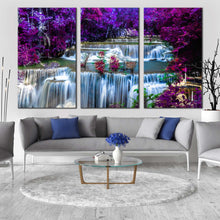 Load image into Gallery viewer, thailand waterfall canvas print purple autumn forest waterfall multiple canvas blue huay mae kamin waterfall 3 piece canvas wall art In Living Room
