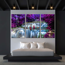 Load image into Gallery viewer, thailand waterfall canvas print purple autumn forest waterfall multiple canvas blue huay mae kamin waterfall 3 piece canvas wall art For Bedroom
